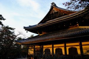 A Japanese temple coated in golden light